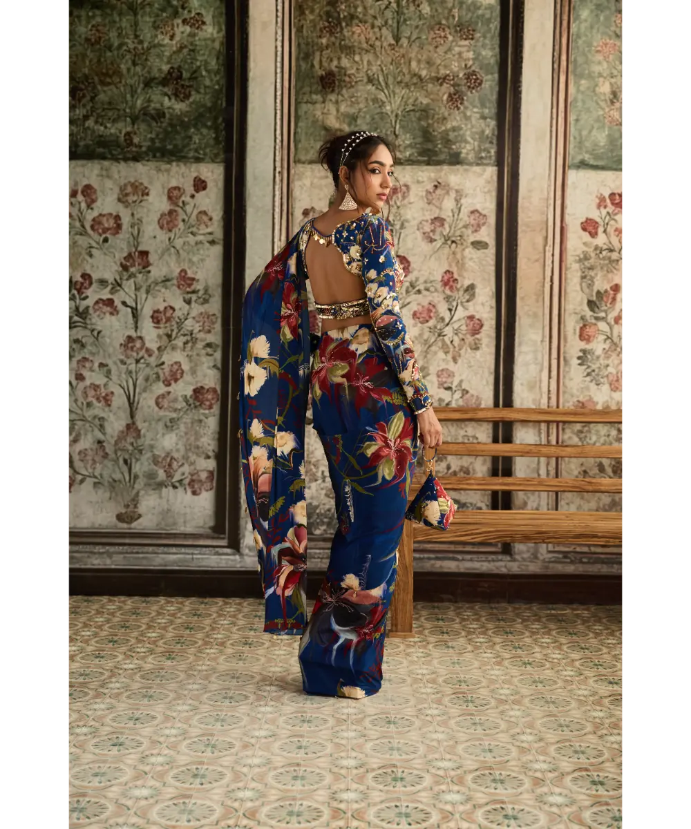 DIYARAJVVIR - Blue Floral Printed Skirt Saree Set